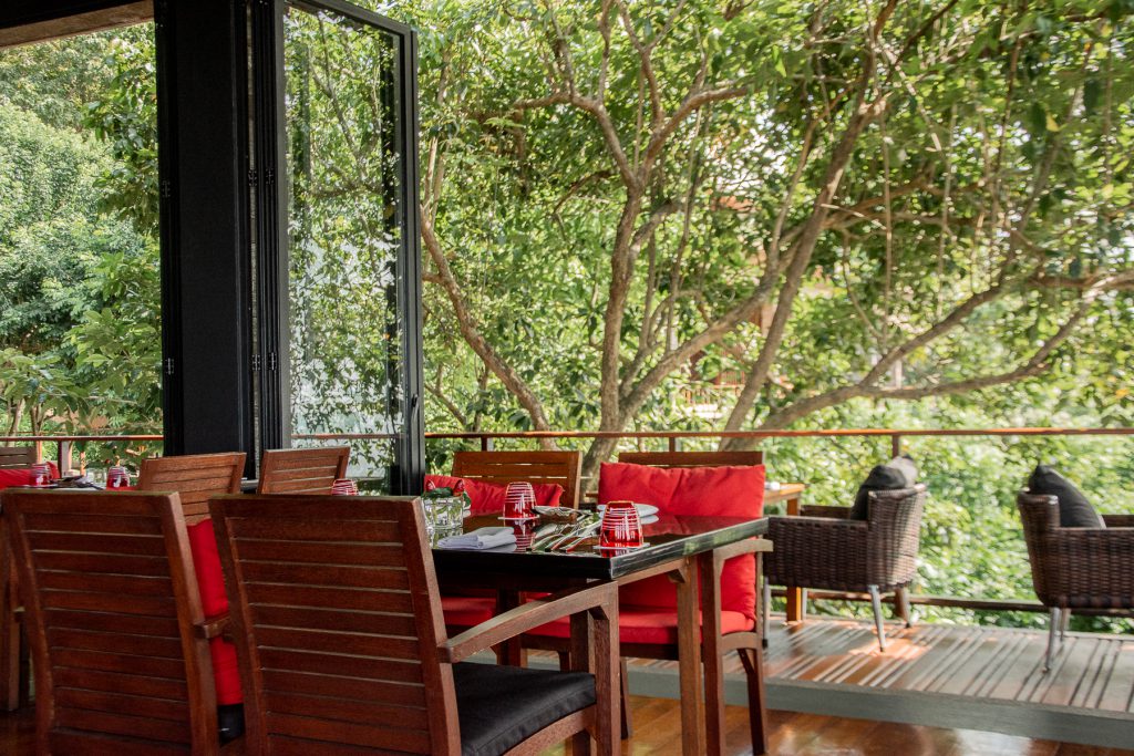 Thailand, phuket, restaurant, outside, red, wood, chair, table, food, nature, green, trees,